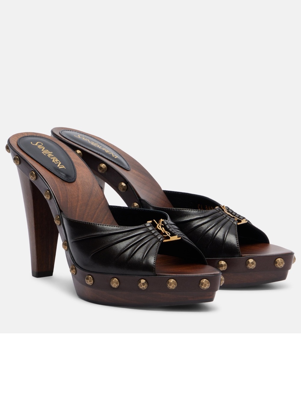 SAINT LAURENT Babylone YSL Logo Leather and Wooden Mules Heels Sandals